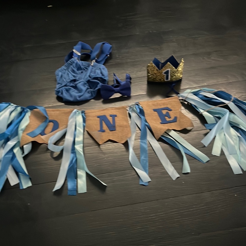 First birthday boys blue outfit and accessories baby one 1